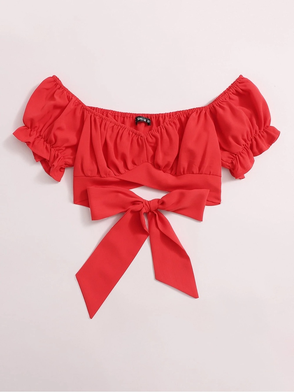 SHEIN Soleia Tied Hem Puff Sleeve Crop Top